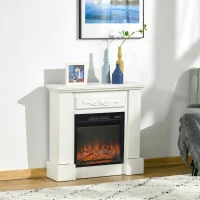 HOMCOM Electric Fireplace with Mantel, Freestanding Heater Corner Firebox with Log Hearth and Remote Control, White(m-1)