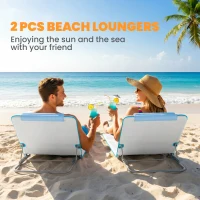 Outsunny 2 Pieces Beach Lounge Chair, Outdoor Folding Chaise Lounge Set w/ Pillow for Sunbath, Snap, Beige(m-4)