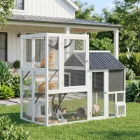 PawHut Catio Outdoor Cat Enclosure, 63" L Large Cat House with 4-Way Adjustable Door, Private House, Hammock, 2 Platforms(m-8)