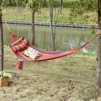 Outsunny Cotton Hammock Portable Soft Swing Sleeping w/ Headrest & Side Pocket Deluxe Swing Chair for Beach, Yard, Bedroom, Patio, Porch, Indoor, Outdoor, Rainbow Stripes(m-8)