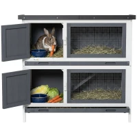 PawHut Wood Rabbit Hutch with 2 Large Main House, Ramp, Trays, Grey(m-9)