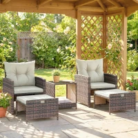 Outsunny 5 Piece Patio Furniture Set, Wicker Patio Chairs with Ottomans, 2-Tier Glass Coffee Table and Cushions, Brown/Cream(m-1)