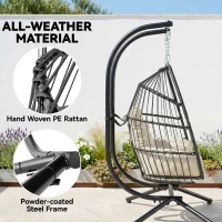 Outsunny Double Wicker Egg Swing Chair with Stand, Foldable Hanging Egg Chair with UV Resistant Cushion, Headrest, Cream White(m-5)
