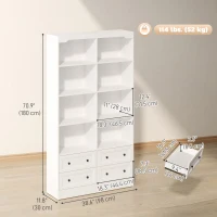HOMCOM Bookshelf with 8 Cubbies and 4 Drawers, 5-Tier Double Wide Bookcase with Storage, Standing Book Cabinet, White(m-3)