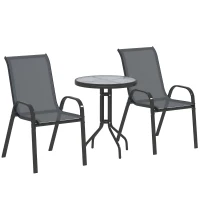 Outsunny 3 Pieces Bistro Set, Small Patio Furniture Set with Stackable Mesh Chairs, Glass Table for Garden, Balcony, Dark Grey(m-9)