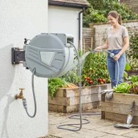 Outsunny Retractable Garden Hose Reel, 1/2" x 98ft Wall Mounted Hose Reel with Auto Retraction, Self-Locking, Grey(m-1)