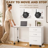 HOMCOM Computer Desk Foldable Top Office Desk 3 Drawers, 4 Lockable Wheels, White Wood Grain(m-6)