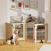 PawHut reestanding Dog Gate, Wooden Foldable Pet Gate with 4 Panels, Walk-Through Door, Support Feet, Non-Slip Mats(m-8)