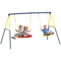 Qaba Kids Swing Set with Double Swings, Outdoor Playset with Adjustable Ropes, Metal Frame for Ages 3-8, 150kg Capacity(m-9)