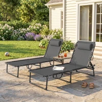 Outsunny 2 Folding Chaise Lounge Pool Chairs with 4-Position Reclining Back, Pillow, Breathable Mesh & Bungee Seat, Gray(m-9)
