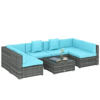 Outsunny 7 Pieces Outdoor Rattan Furniture Set, Patio Wicker Sectional Conversation Sofa Set, Blue(m-13)