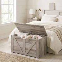 HOMCOM 31.5 Inches Storage Chest, Storage Trunk with Safety Hinge for Living Room, Grey Wood Grain(m-1)