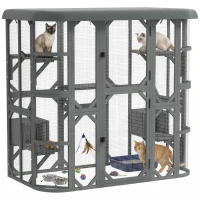 PawHut Catio Outdoor Cat Enclosure, 71" Wooden Cat House with Platforms, Condos and Waterproof Cover for 2–3 Kittens, Grey(m-9)