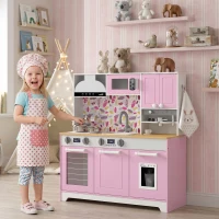 Qaba Play Kitchen, Kids Kitchen Playset with Coffee Maker, Ice Maker, Clicking Knobs, Storage, Accessories for 3-8 Years(m-8)