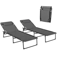 Outsunny 2 Folding Chaise Lounge Pool Chairs with 4-Position Reclining Back, Pillow, Breathable Mesh & Bungee Seat, Gray(m-11)