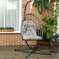 Outsunny Hanging Egg Chair with Stand, Foldable Wicker Rattan Swing Chair with Thick Cushion, Light Grey(m-8)