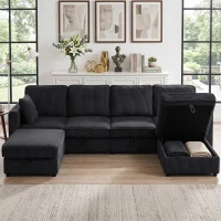 HOMCOM Modular Sofa, U-Shaped Corduroy Couch with Dual Storage Ottoman, Under-Seat Storage, 4 Pillows, Dark Grey(m-1)