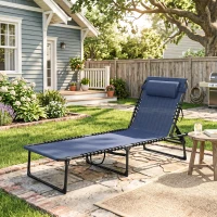 Outsunny Folding Chaise Lounge Pool Chair with 4-Position Reclining Back, Pillow, Breathable Mesh & Bungee Seat, Dark Blue(m-9)