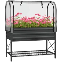 Outsunny Raised Garden Bed with Cover, Metal Elevated Planter Box with Bottom Shelf and Liner, Black(m-9)