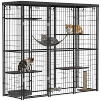 PawHut Weld Wire Catio Outdoor Indoor with Waterproof Cover, 4 Jumping Platforms, Hammock, 69" x 22" x 62", Black(m-9)