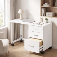 HOMCOM Computer Desk Foldable Top Office Desk 3 Drawers, 4 Lockable Wheels, White Wood Grain(m-8)