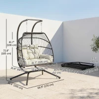 Outsunny Double Wicker Egg Swing Chair with Stand, Foldable Hanging Egg Chair with UV Resistant Cushion, Headrest, Cream White(m-3)