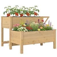 Outsunny Wooden Raised Garden Bed, 2-Tier Raised Planter with Storage Shelf, Side Board, Drainage Holes and Liner(m-9)