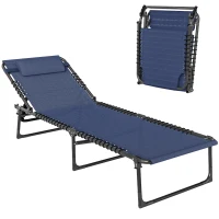 Outsunny Folding Chaise Lounge Pool Chair with 4-Position Reclining Back, Pillow, Breathable Mesh & Bungee Seat, Dark Blue(m-11)