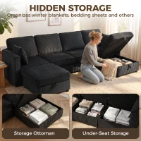 HOMCOM Modular Sofa, U-Shaped Corduroy Couch with Dual Storage Ottoman, Under-Seat Storage, 4 Pillows, Dark Grey(m-6)