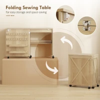 HOMCOM Sewing Machine Table on Wheels, Folding Craft Table with 2 Bins, Storage Shelf, 18 Pegs, Lockable Wheels, Natural(m-5)