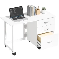 HOMCOM Computer Desk Foldable Top Office Desk 3 Drawers, 4 Lockable Wheels, White Wood Grain(m-2)