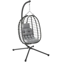 Outsunny Hanging Egg Chair with Stand, Foldable Wicker Rattan Swing Chair with Thick Cushion, Headrest, Light Grey(m-9)