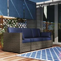 Outsunny 3-Seater Outdoor Sofa with Cushions, PE Rattan Conversation Patio Couch with Pillows for Garden, Poolside, Blue/Brown(m-7)