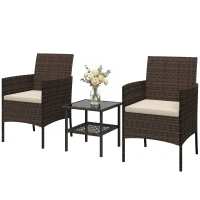Outsunny Wicker Bistro Set, 3 Piece Patio Furniture Set with 2-Tier Glass Top Table, Cushions for Balcony, Porch, Khaki(m-2)