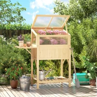 Outsunny Raised Garden Bed Planter with Cold Frame, Wooden Elevated Planter Box with Folding Side Table and Shelf, Natural Wood(m-2)