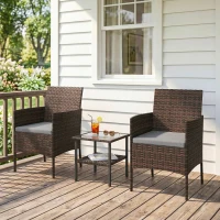 Outsunny Wicker Bistro Set, 3 Piece Patio Furniture Set with 2-Tier Glass Top Table, Cushions for Balcony, Porch, Dark Grey(m-8)