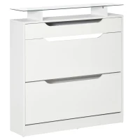 HOMCOM High Gloss Shoe Cabinet with 2 Flip Drawers and Adjustable Shelves, Narrow Shoe Storage Cabinet with Glass Top, White(m-10)