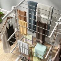HOMCOM 3-Tier Foldable Clothes Drying Rack, Stainless Steel Laundry Rack with 2 Side Wings and 6 Castors, Collapsible Adjustable Clothes Airer for Indoor Outdoor, White(m-9)