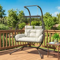 Outsunny Double Wicker Egg Swing Chair with Stand, Foldable Hanging Egg Chair with UV Resistant Cushion, Headrest, Cream White(m-8)