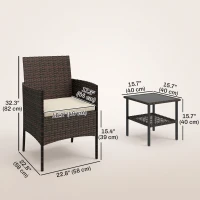 Outsunny Wicker Bistro Set, 3 Piece Patio Furniture Set with 2-Tier Glass Top Table, Cushions for Balcony, Porch, Khaki(m-3)