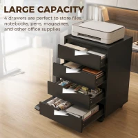 HOMCOM 4 Drawer File Cabinet, Vertical Filing Cabinet with Wheels, Modern Printer Stand for Home Office, Black(m-5)