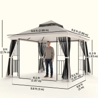 Outsunny 10'x10' Soft-top Patio Gazebo with Double Tier Roof, Mesh Curtains, Display Shelves, Top Hooks, Beige(m-3)