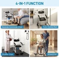 HOMCOM Rolling Shower Chair, Bedside Commode Chair with Wheels, Backrest, Arms, Flip Footrests for Seniors, Disabled, Black(m-4)