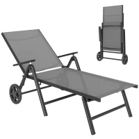 Outsunny Outdoor Lounge Chair, 5-Level Adjustable Folding Chaise Chair with 2 Wheels for Backyard, Beach, Poolside, Grey(m-9)