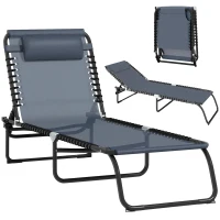 Outsunny Folding Chaise Lounge Pool Chair with 4-Position Reclining Back, Breathable Mesh & Bungee Seat, Gray(m-21)