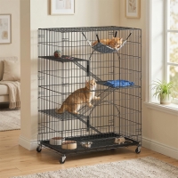 PawHut 4-Tier Cat Cage, Large Cat Enclosure with Lockable Wheels, Tray, Hammock, Bed, 3 Ramp, 3 Platforms for 3-5 Kittens
