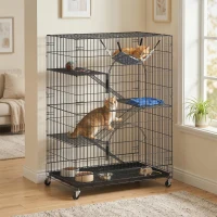 PawHut 4-Tier Cat Cage, Large Cat Enclosure with Lockable Wheels, Tray, Hammock, Bed, 3 Ramp, 3 Platforms for 3-5 Kittens(m-1)