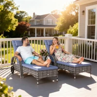Outsunny 3 Pieces Wicker Patio Lounger Set with Table, PE Rattan Outdoor Lounge Chair Set with Cushions, Wheels, 5-Level Reclining Backrest, Headrest, Grey(m-1)