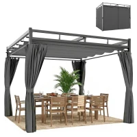 Outsunny 10' x 10' Outdoor Gazebo, Retractable Pergola Canopy with Curtains, UPF30+ Free Standing Metal Pergola Kit, Dark Grey(m-9)