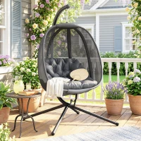 Outsunny Hanging Egg Chair, Outdoor Indoor Swing Chair with Stand, Folding Basket and Thickened Cushion, Grey(m-8)